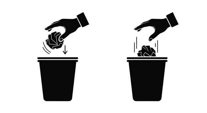 Hands disposing of crumpled paper into waste bins recycling concept