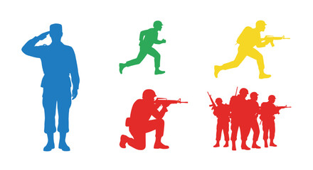 Colorful silhouettes depict soldiers in various military positions and actions