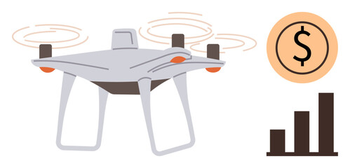 quadcopter with propellers in motion, dollar sign in coin, and bar graph. Ideal for technology, finance, business innovation, automation, data analysis investment futuristic design. Simple flat