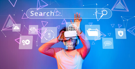 A visually striking representation of a young user immersed in virtual reality, demonstrating the concept of online search and optimization in a digital environment. XDMCP