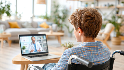 young boy in wheelchair talking to doctor via video call on laptop at home