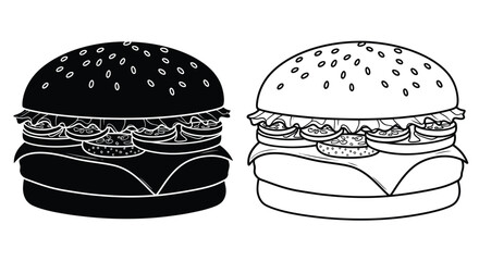 Two detailed black and white illustrations of classic cheeseburgers side by side