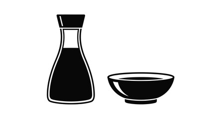 Simple black and white illustration of a soy sauce bottle and dish