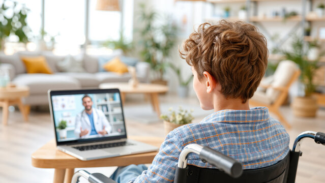 young boy in wheelchair talking to doctor via video call on laptop at home