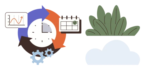 Fotobehang Sportwinkel Clock and arrows represent workflow cycles, calendar symbolizes scheduling. Gears indicate processes, with nature elements suggesting sustainability. Ideal for time management, planning, efficiency  © robu_s