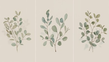 Elegant minimalist botanical composition of eucalyptus branches in cool sage green watercolor, arranged spaciously with faint pencil outlines and natural paper texture.