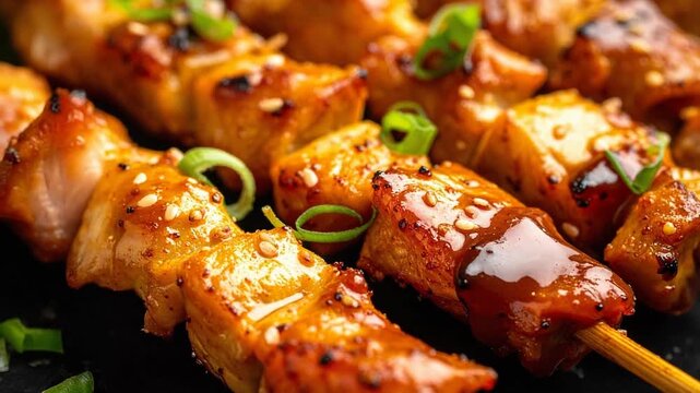 Juicy grilled satay skewers close-up with a subtle dolly motion. Rich meat, authentic Indonesian and savory BBQ street food concept.