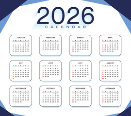 Vector 2026 Year Calendar Printable Template