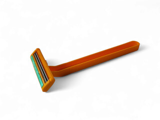Bright orange disposable razor with a dual blade head and lubrication strip, isolated on a clean white background. Essential hygiene and grooming tool.