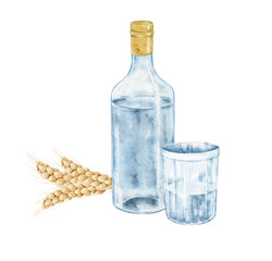 Watercolor composition with vodka bottle, shot glass and wheat sprig. Alcoholic drink illustration for Slavic menu, bar card, food packaging, party invitation, culinary postcard, festive table project
