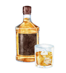 Watercolor cognac bottle with glass of amber drink and ice cubes. Elegant hand painted illustration suitable for bar menu design, beverage label, restaurant branding, or classic poster art.