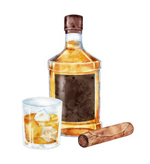 Watercolor cognac bottle with glass of drink and cigar beside it. Hand painted still life composition ideal for luxury branding, masculine product packaging, or vintage bar poster.