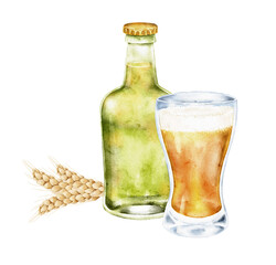 Watercolor set with green beer bottle, full beer glass and wheat sprig. Alcoholic drink illustration for menu, pub card, brewery invitation, festive party, Oktoberfest table, summer event.