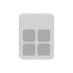 Abstract 3D rendering of a simple gray device with four square button outlines on a transparent background representing a minimalist interface or technology concept