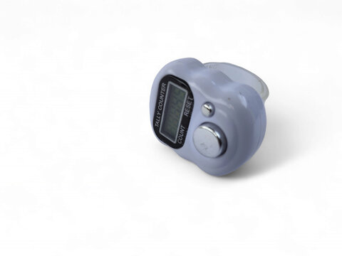 Light grey digital tally counter with an LCD screen and count/reset buttons, isolated on a bright white background. This handheld clicker is perfect for tracking counts.