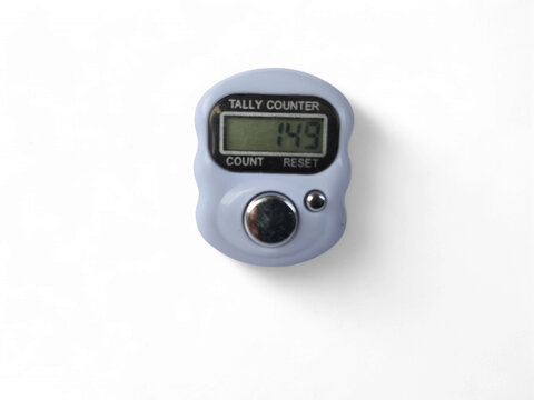 Light grey digital tally counter with an LCD screen and count/reset buttons, isolated on a bright white background. This handheld clicker is perfect for tracking counts.