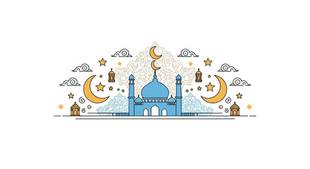 Naklejka premium Elegant Islamic Mosque Illustration Featuring Crescent Moons, Stars, and Lanterns for Religious Celebrations and Cultural Designs