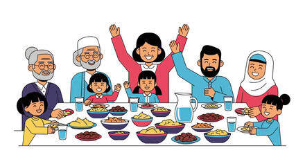 Heartwarming Muslim Family Gathering for Festive Meal, Celebrating Togetherness and Tradition, Illustrating Cultural Values and Intergenerational Bonds