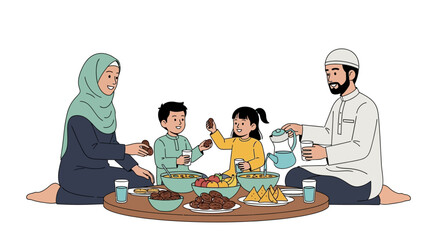 Muslim Family Breaking Fast Together During Ramadan, Sharing a Meal and Celebrating Tradition. Suitable for promoting cultural understanding, family values, and religious celebrations.