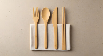 Flat lay of bamboo cutlery including a fork, spoon, and chopsticks, arranged neatly on a white napkin