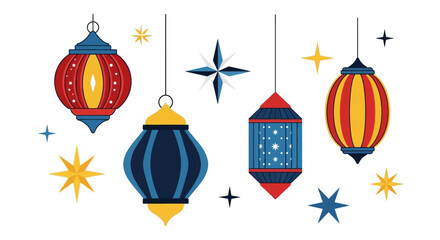 Festive Ramadan Lanterns and Sparkling Stars on White Background, Ideal for Ramadan Greetings, Islamic Holiday Celebrations, and Cultural Event Promotions
