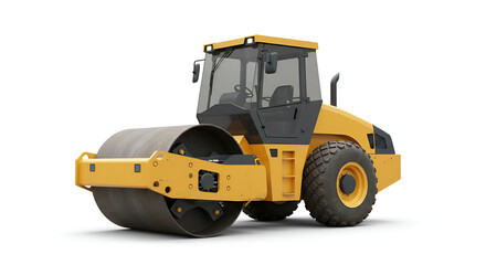 Yellow road roller heavy machine used for leveling roads, shown on a clean white background.