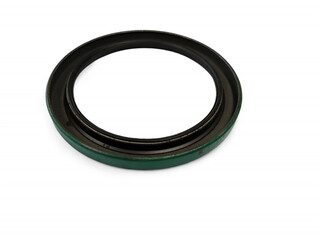 ​Single new rubber lip oil seal with a dark green outer casing, designed for rotating or reciprocating shafts, isolated on a white background.