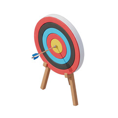 Circular Archery Target With Bullseye And Arrow Hit On Black Background With Wooden Stand