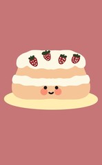 Cute strawberry shortcake illustration with kawaii face and whipped cream topping with pink background 