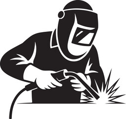 Black and white illustration of a welder wearing a protective mask and gloves sparks flying from welding torch