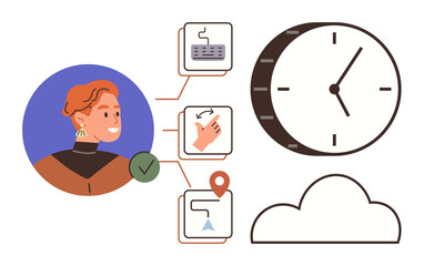 Portrait of a smiling user linked to task icons, a clock, cloud, and location marker. Ideal for productivity, organization, planning, deadlines, remote work efficiency simple flat metaphor