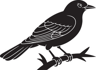 Obraz premium Black silhouette of a small bird perched on a branch with detailed feather lines white