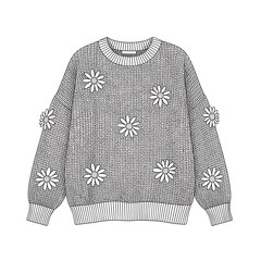Flat black and white illustration of a wool sweater with scattered daisy embroidery