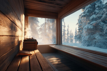 Sauna z panoramicznym widokiem na ośnieżony las – relaks i ciepło w otoczeniu zimowej natury, idealne połączenie sauny fińskiej i krajobrazu pełnego spokoju