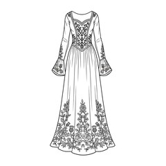 Flat black and white outline of a long gothic dress with floral embroidery at the hem