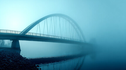 Curving bridge silhouette emerges through morning fog over a pebble-gray to sky-blue gradient, evoking calm, depth, and serene early-morning atmosphere.