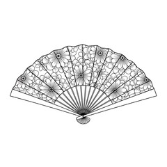 Flat black and white outline of a fan with lace petals and thorns design