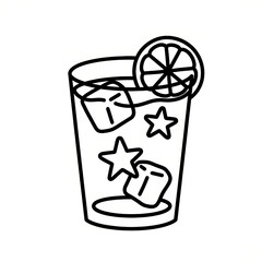 Flat black and white line illustration of a lemonade glass with floating starfish ice cubes