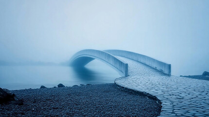 Curving bridge silhouette emerges through morning fog over a pebble-gray to sky-blue gradient, evoking calm, depth, and serene early-morning atmosphere.