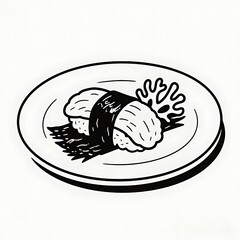 Flat black and white line illustration of a plate of sushi with seaweed wrap and coral garnish