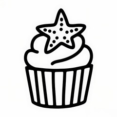 Flat black and white line illustration of a cupcake with starfish