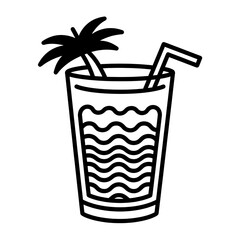 Flat black and white line illustration of a tropical mocktail with wave-patterned