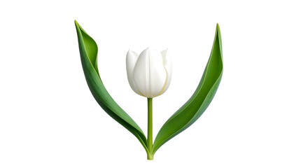 Isolated, pristine white tulip with long green leaves, against a stark, black backdrop