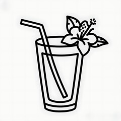 Flat black and white line illustration of a mocktail glass with coral straw and tropical flower