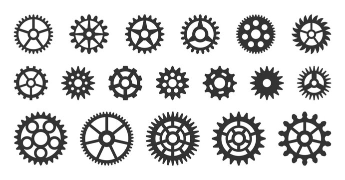 Gears varied sizes icon set. Cogwheel black silhouette. Toothed wheel on white background. Mechanical parts spinning sprockets form. Interlocked metal teeth join. Cogs with different gear hub pattern