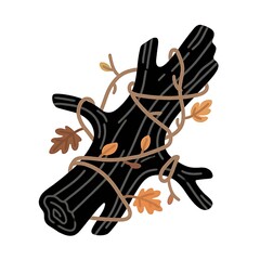 Flat black and white illustration of a driftwood piece wrapped with dry autumn vines