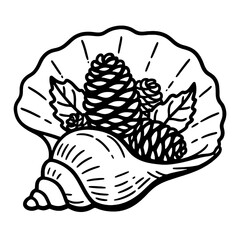 Flat black and white illustration of a seashell filled with pinecones and dried leaves