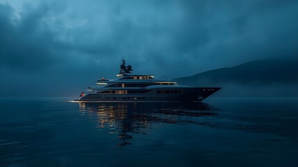 Fototapeta premium Luxury Yacht at Twilight — Elegant Vessel Reflected on Calm Water Amid Misty Mountains and Golden Lights
