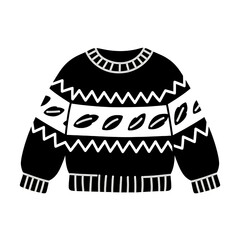 Flat black and white illustration of a sweater with wave and leaf patterns