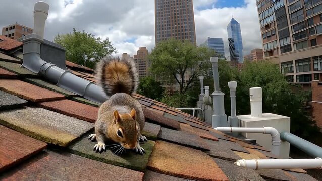 Cautious Urban Squirrel Pausing for Vigilance on a Residential Outbuilding's